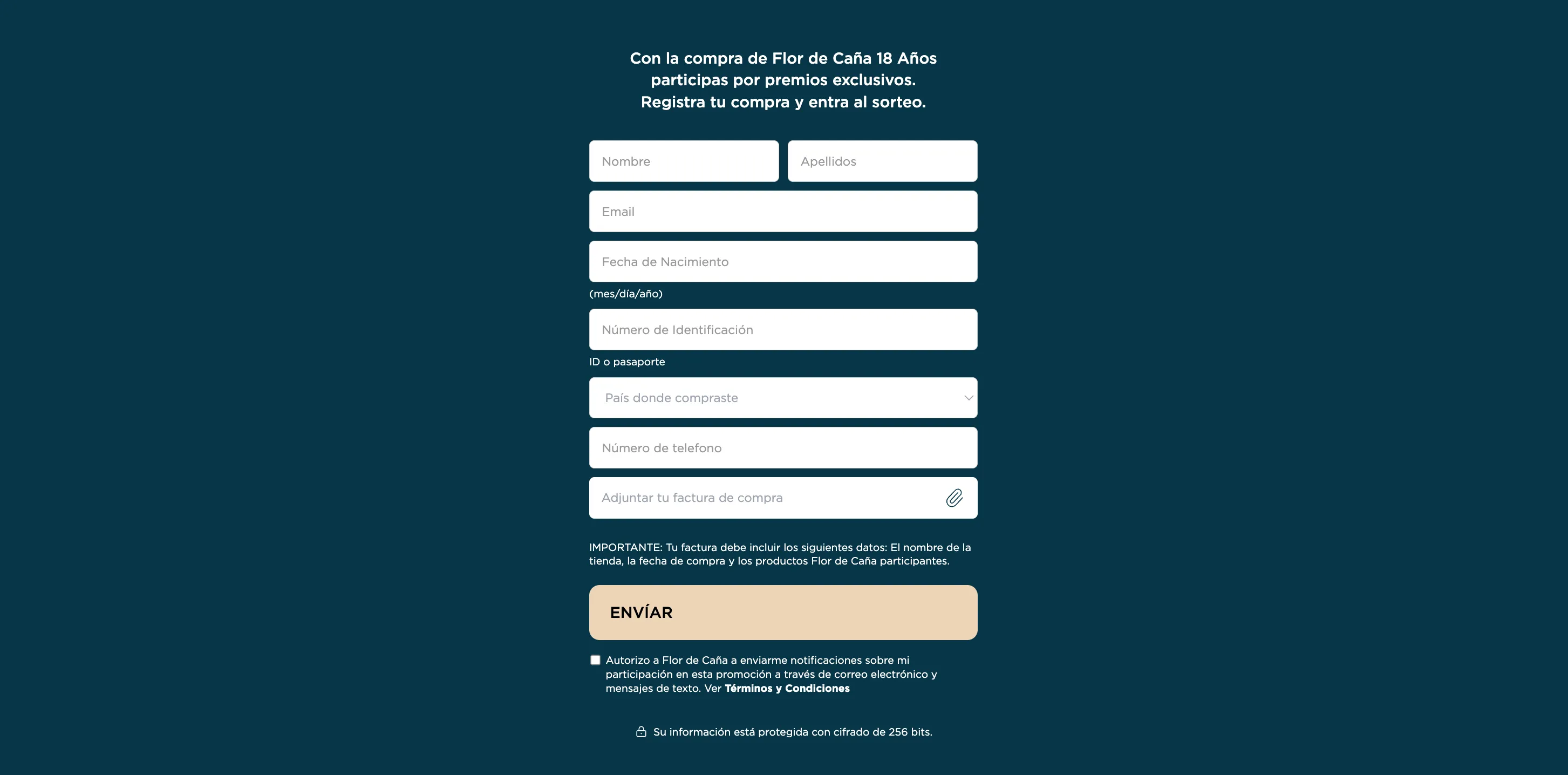 Formulario de la landing page de Flor de Caña